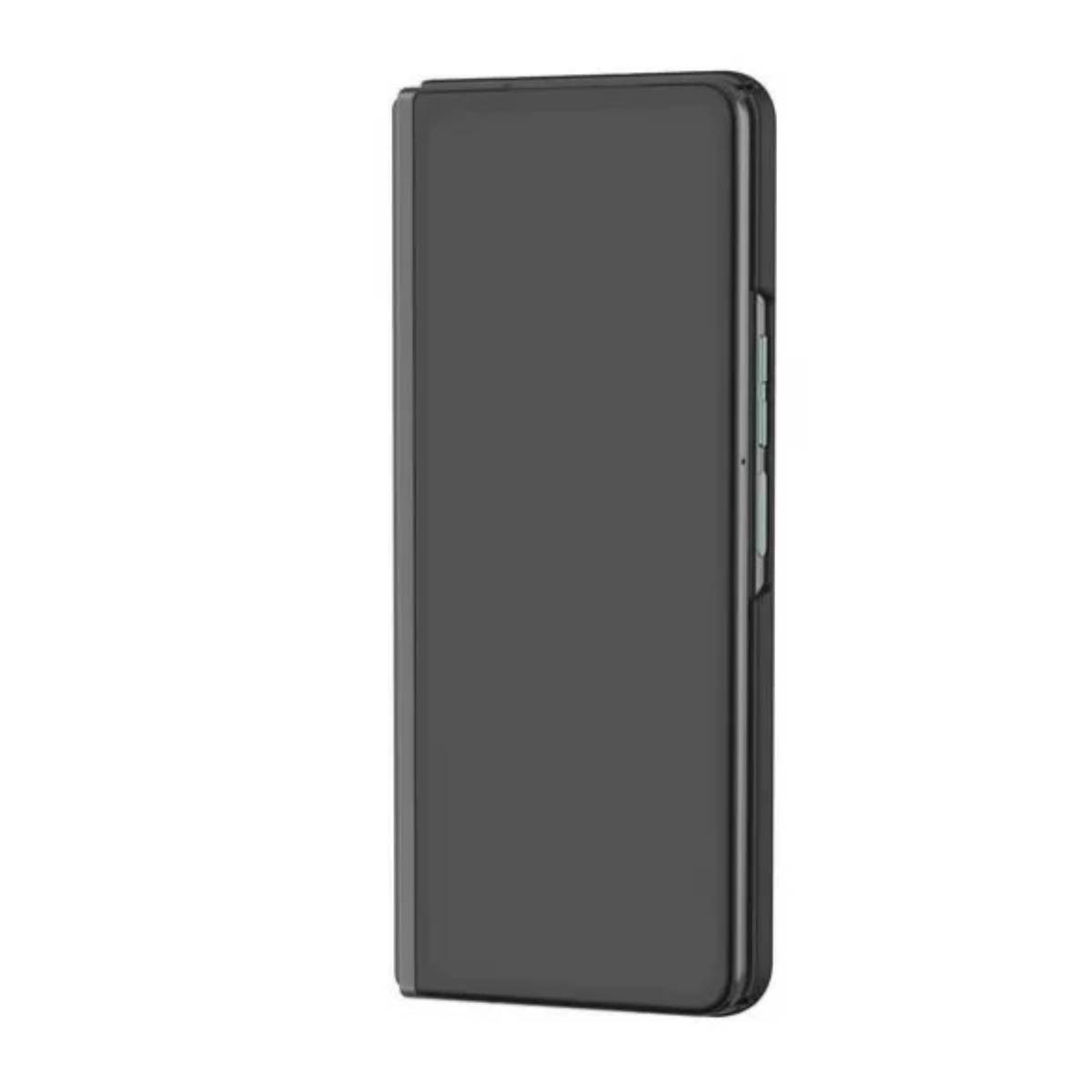 Custodia per telefono grigio scuro. Forma rettangolare chiusa. Pulsanti laterali visibili. Sfondo scuro.
