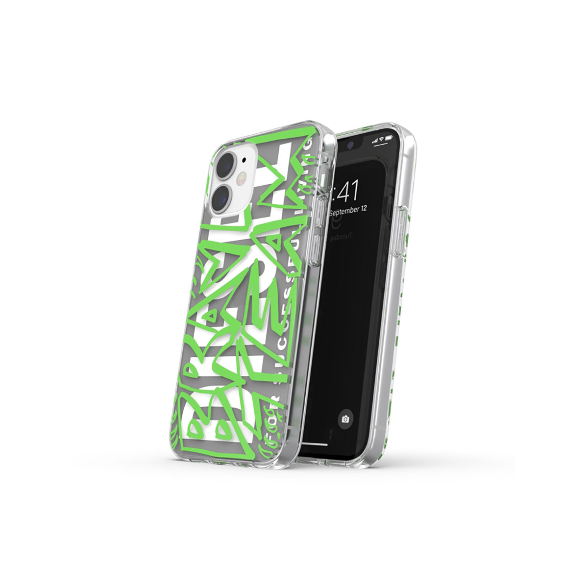 Un iPhone con una custodia trasparente con un design in stile graffiti verde.
