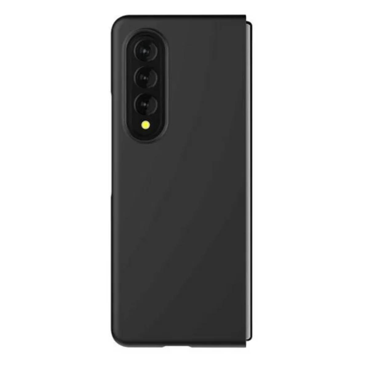 Custodia nera per telefono su un telefono piegato con fotocamere posteriori. Sfondo bianco.