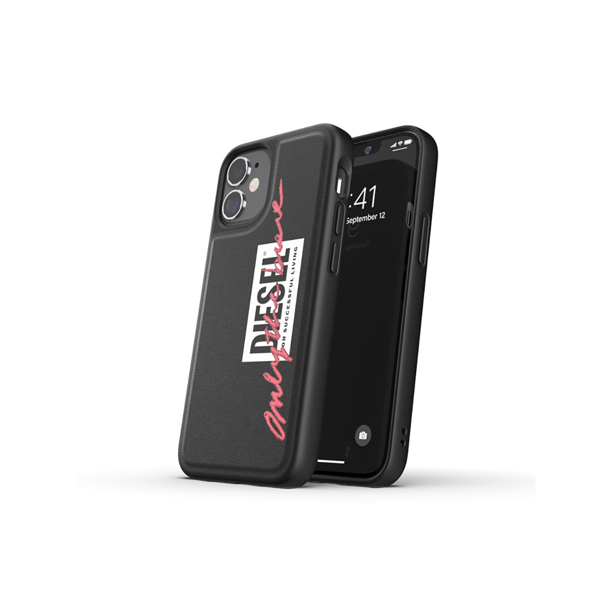 Due telefoni con custodia Diesel. La custodia è nera con testo e le parole 'only for successful living'.
