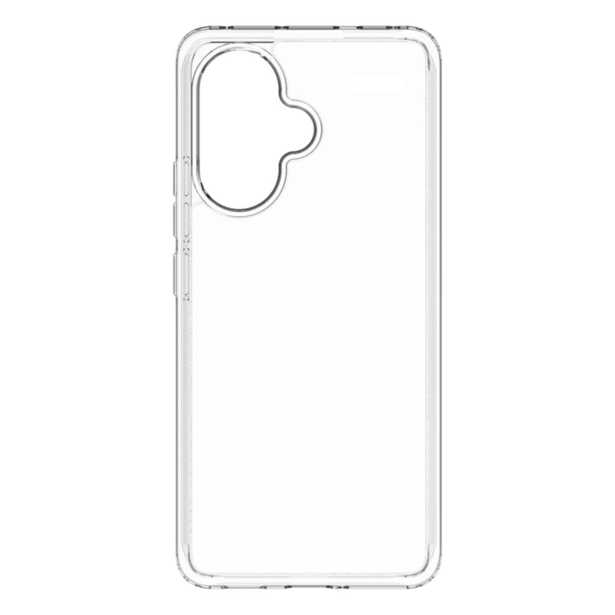 Custodia trasparente per telefono. Un foro per la fotocamera. Sfondo bianco.