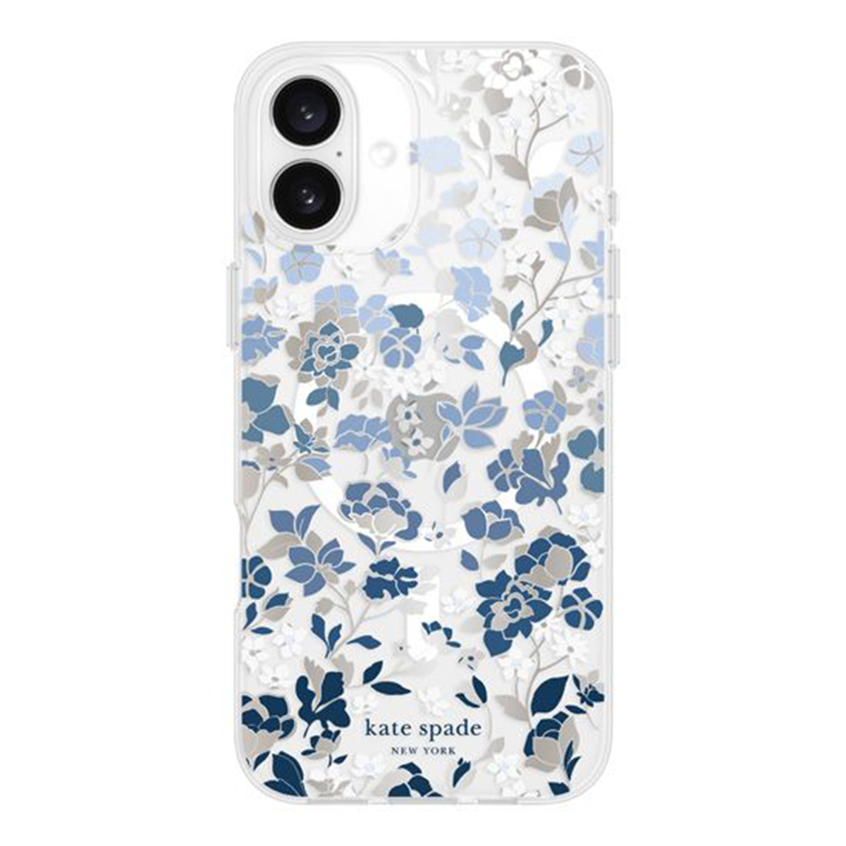 Custodia trasparente con motivo floreale blu e bianco.