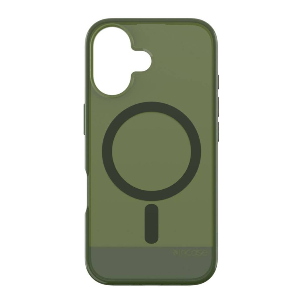 Custodia verde per telefono con un anello magnetico e una base nera. Sfondo bianco.