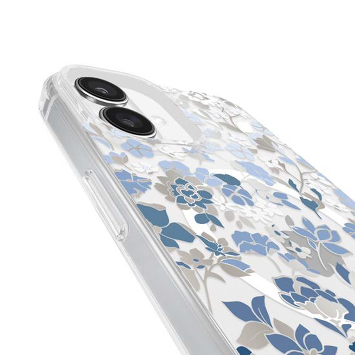 Custodia trasparente con design floreale, fiori blu e grigi.