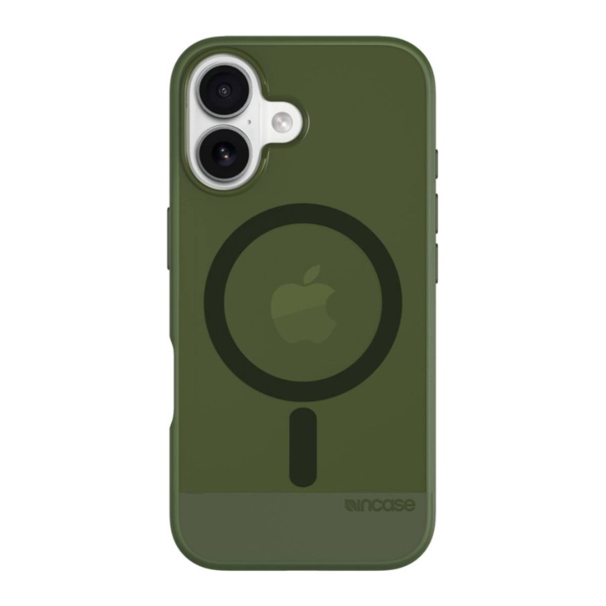 Custodia verde con logo Apple. Design fotocamera e MagSafe. Sfondo verde oliva.