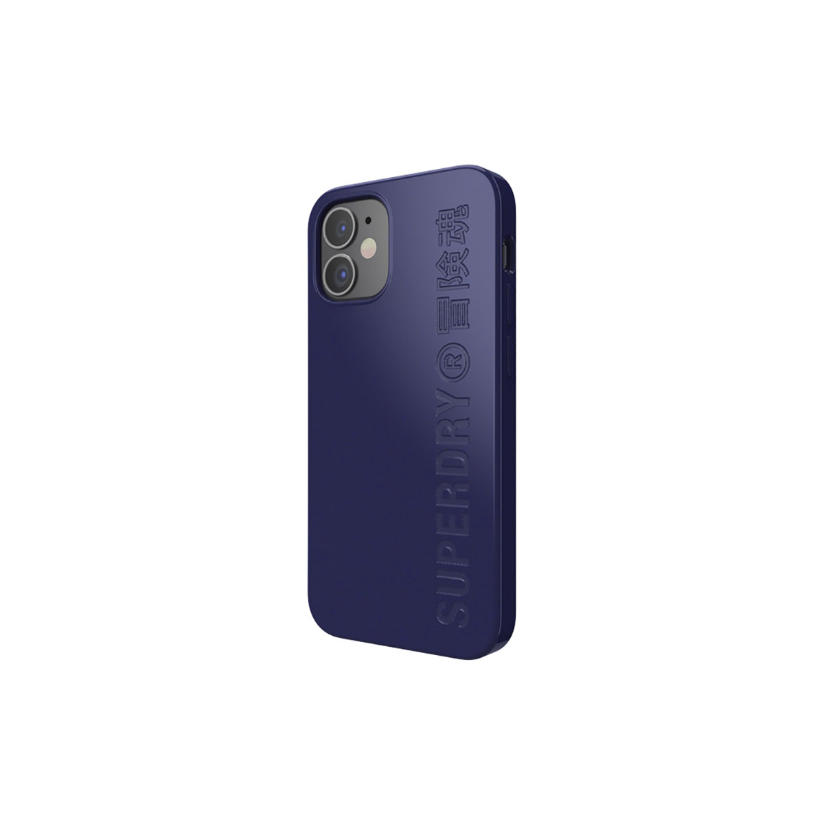 Custodia blu con logo SUPERDRY bianco su sfondo bianco.