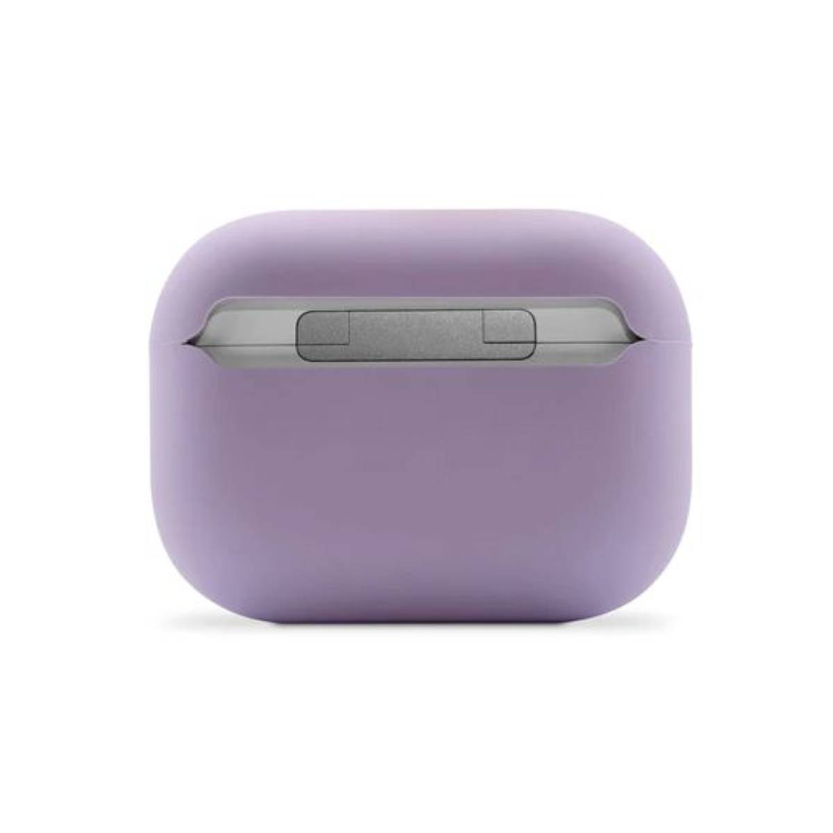 Eine lila AirPod-Hülle auf weißem Hintergrund. Es ist eine einfache Hülle mit silbernem Verschluss.