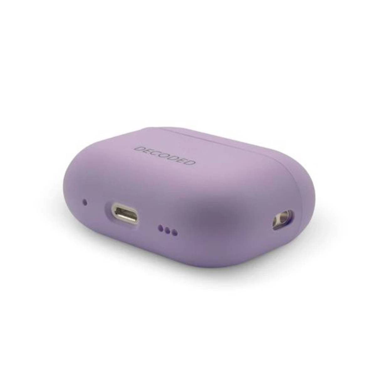 Ein lila AirPods-Etui. Das Wort DECODED ist oben aufgedruckt.