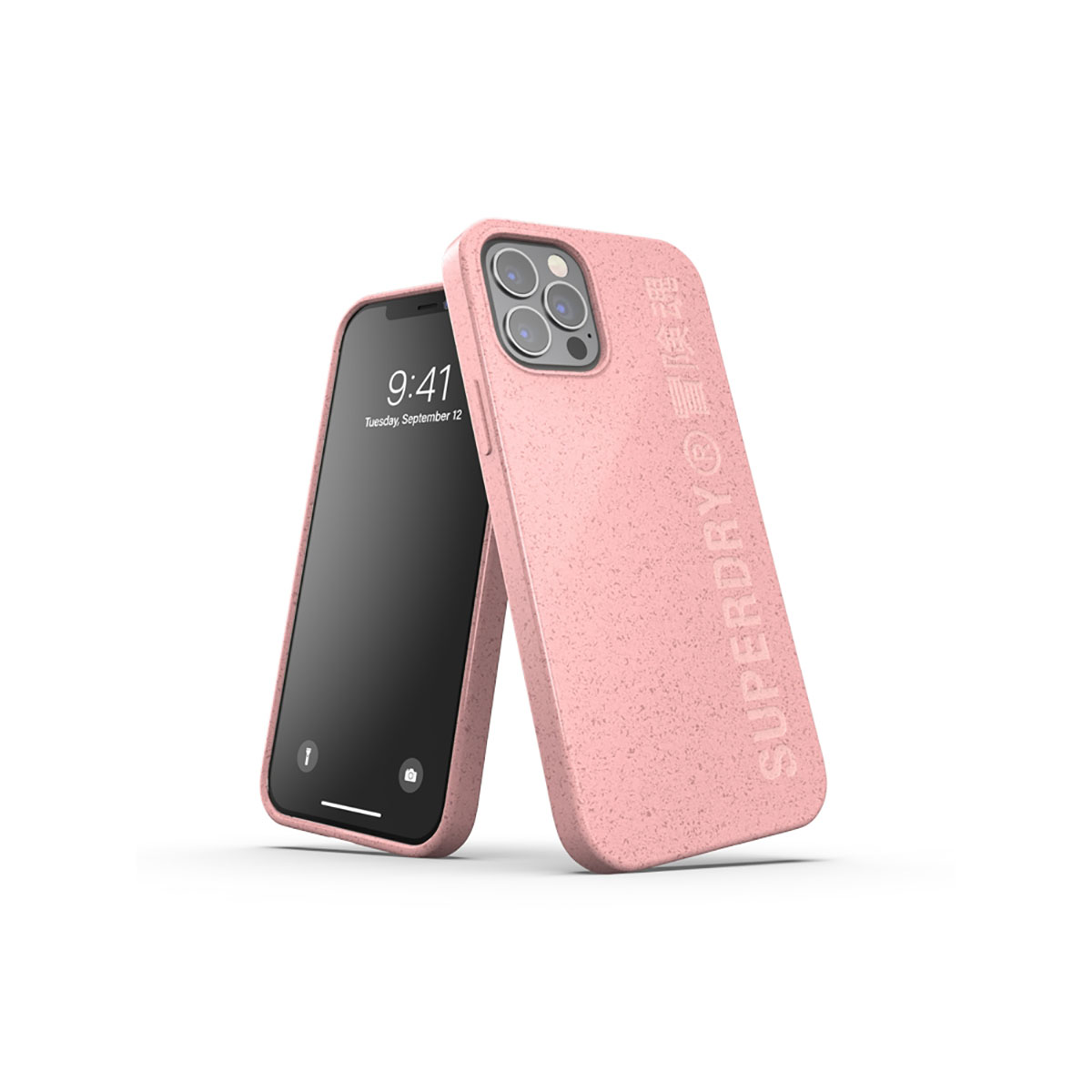 Custodia rosa con telefono. Sfondo bianco.