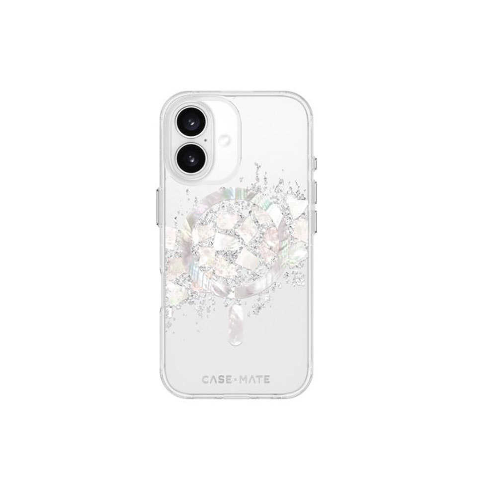 Custodia trasparente per telefono con design scintillante e un logo. Sfondo bianco.