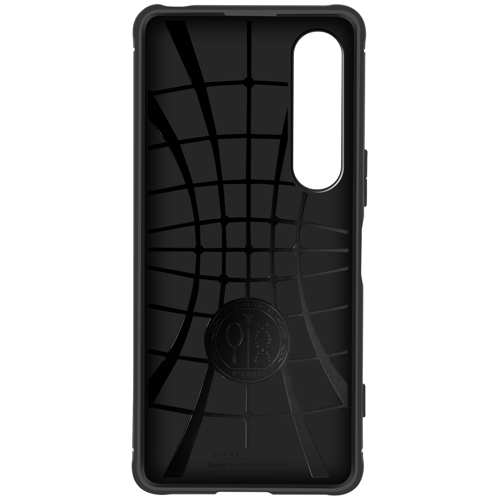 Interno di custodia per telefono nero con design a griglia. Con logo Spigen Inc.