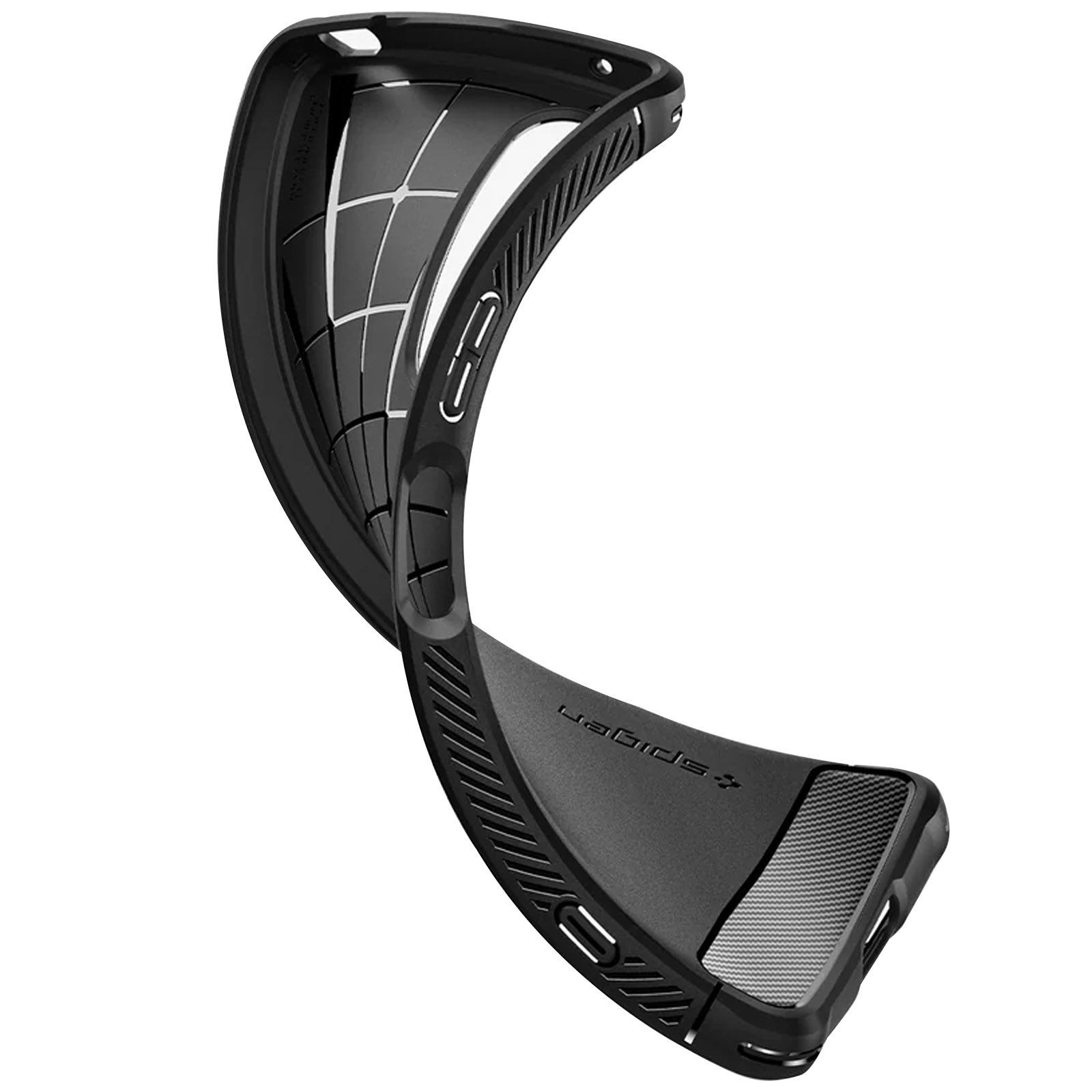 Custodia nera per telefono con un design unico. Il design è all'interno. Sfondo bianco.