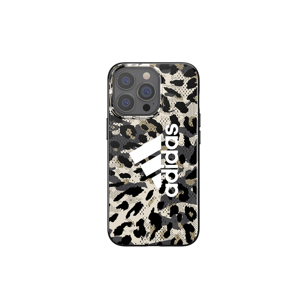 Custodia per telefono con il logo Adidas e un design con stampa leopardata. La custodia ha ritagli per la fotocamera.