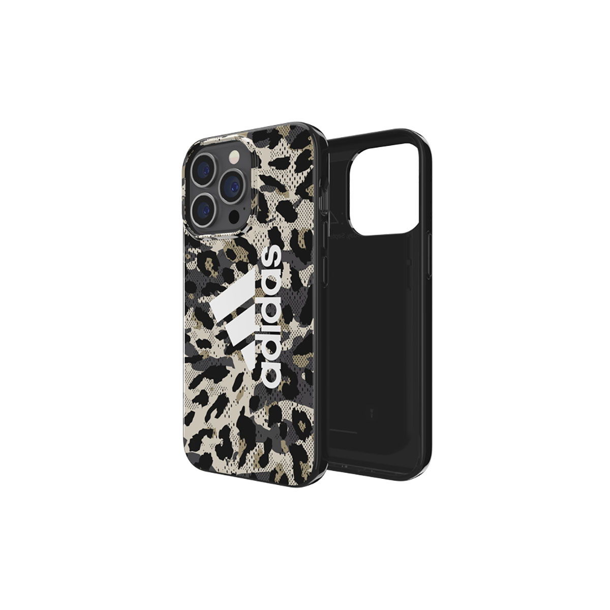 Custodia Adidas con design a stampa leopardata, logo bianco. Interno nero.