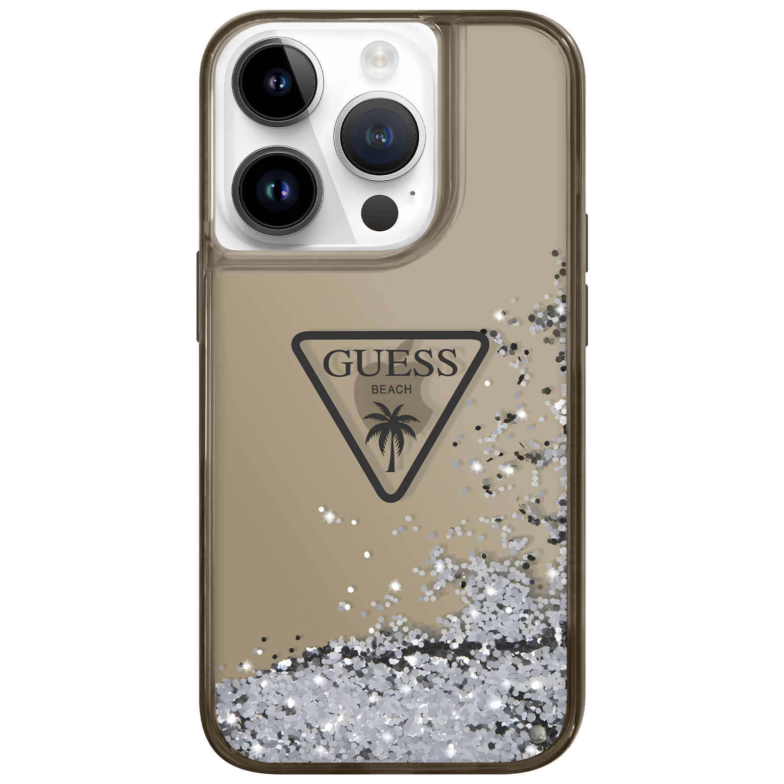 Custodia per telefono con logo "Guess" e glitter. Sfondo bianco.