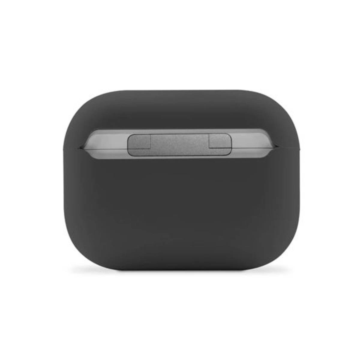Funda negra para auriculares con botón plateado. Parte superior transparente.