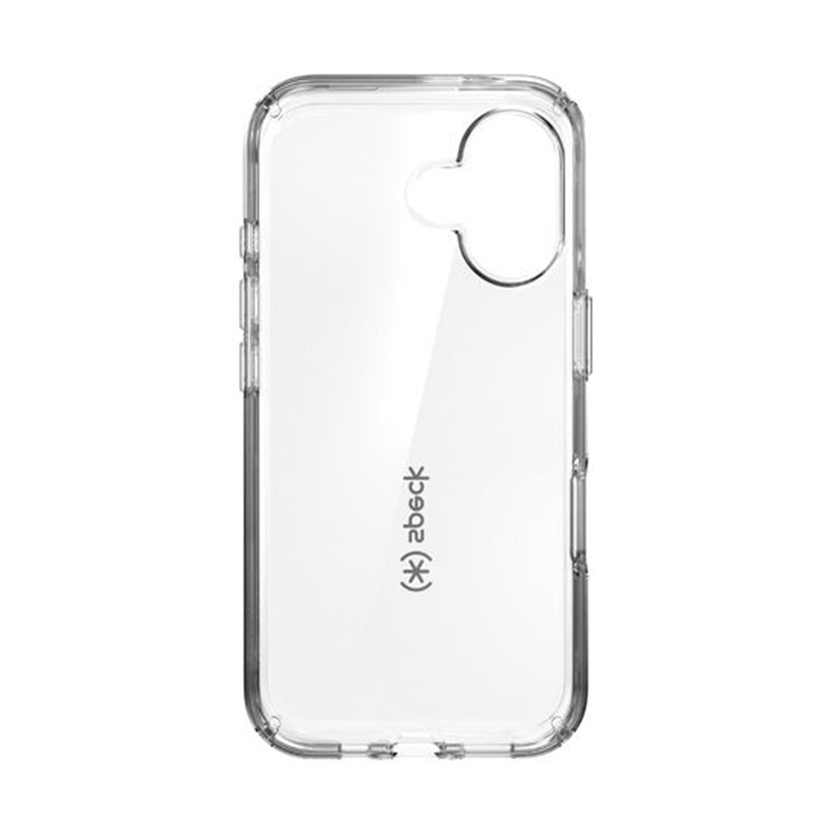 Custodia trasparente per telefono. La custodia ha un design semplice. La parte posteriore è visibile.