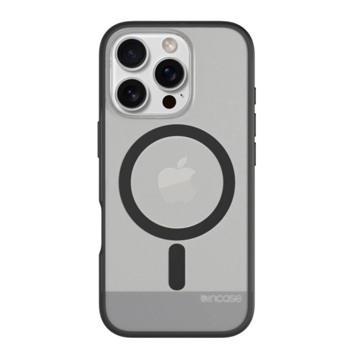 Custodia trasparente con cornice nera. Logo Apple e design magnetico circolare. Sfondo bianco.