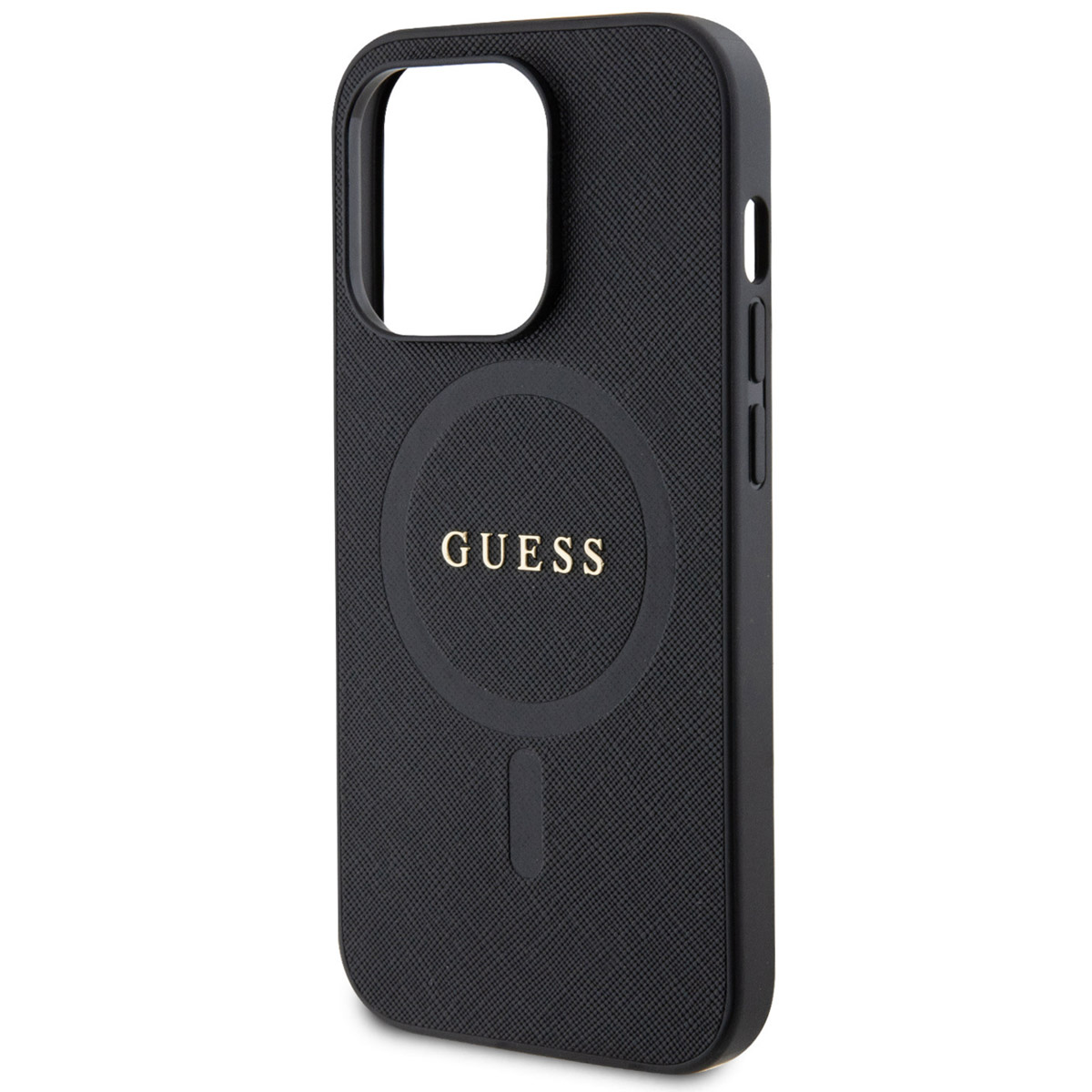Custodia per telefono nera con logo Guess e cerchio magnetico. La custodia ha una sensazione strutturata.