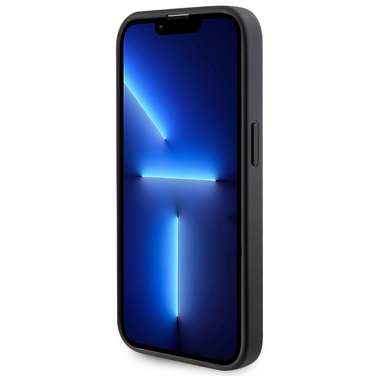 Un telefono nero con uno schermo con gradiente blu brillante, su sfondo bianco.