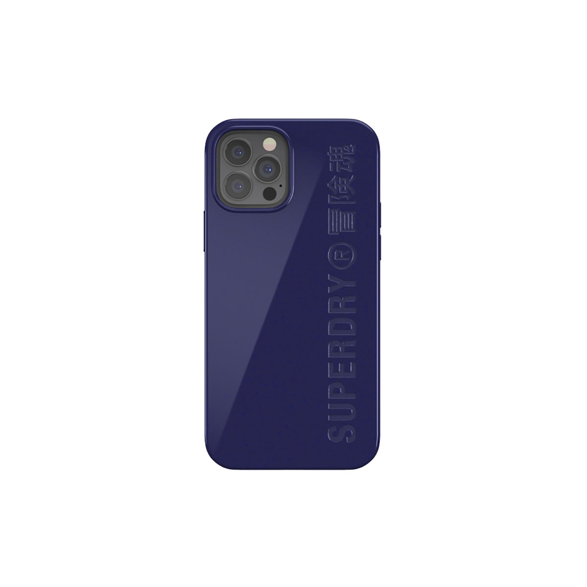 Custodia blu scuro per telefono con testo bianco, con un telefono all'interno.