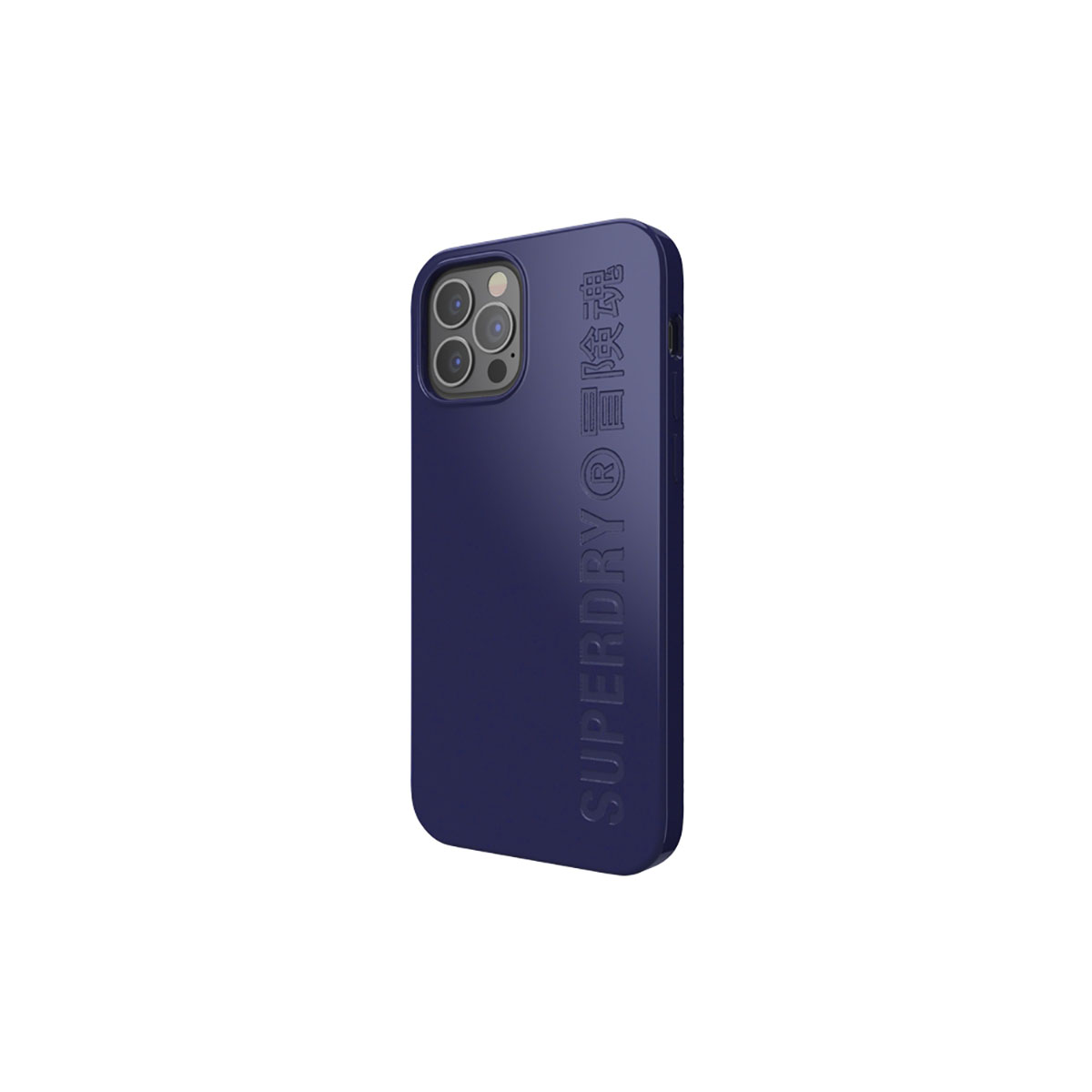 Custodia per telefono blu navy. La custodia ha il marchio 'SUPERDRY' sul lato.