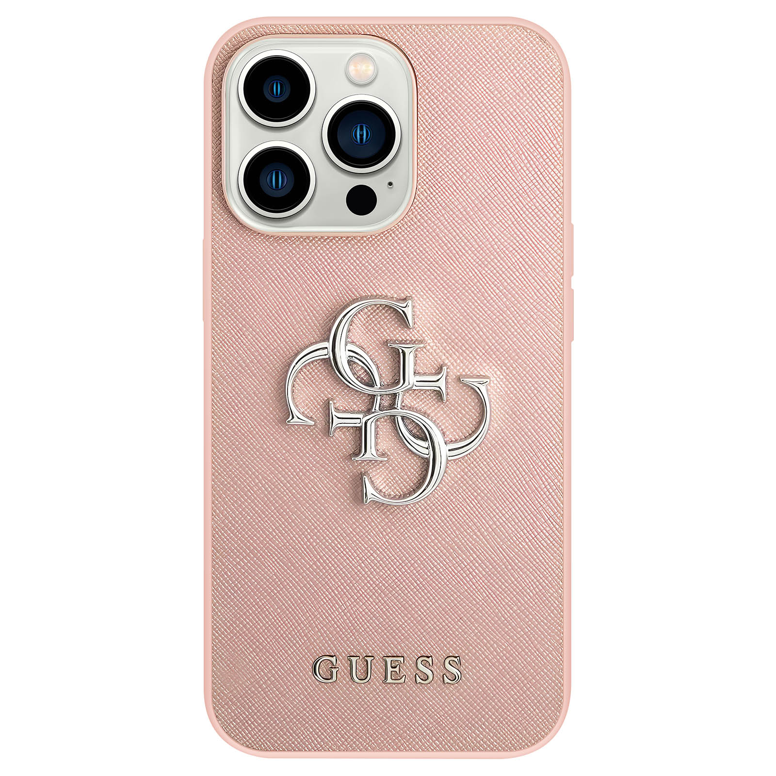 Custodia rosa con logo Guess argentato. Sfondo bianco.