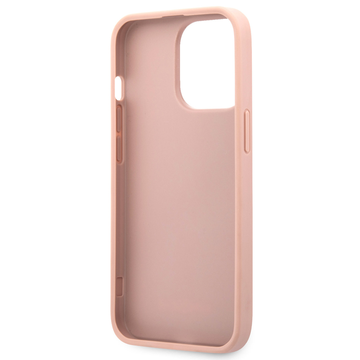 Custodia rosa per telefono. La custodia è di un colore rosa chiaro e uniforme. Ha ritagli per la fotocamera e i pulsanti.