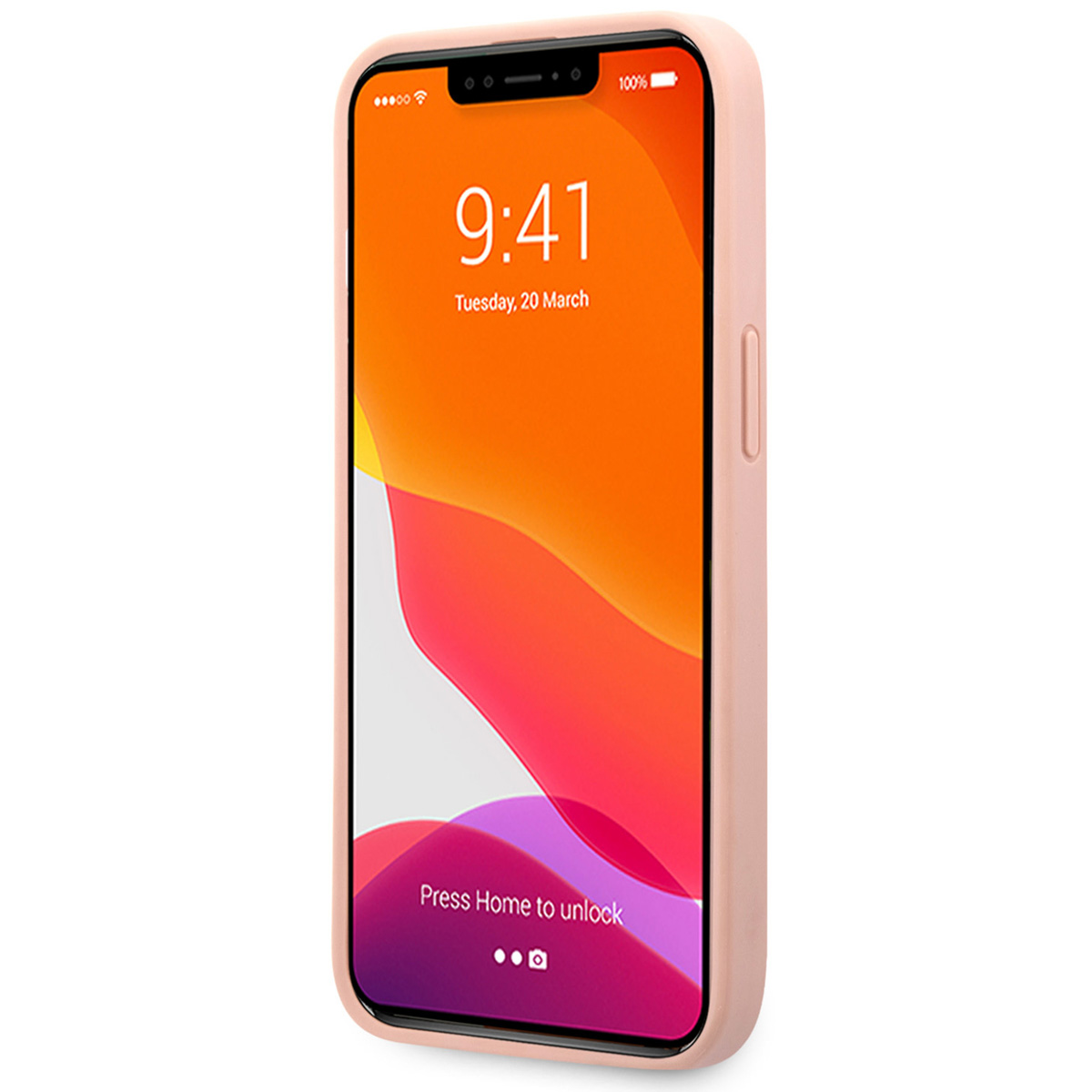 Telefono con custodia rosa. Lo schermo mostra l'ora, la data e uno sfondo con colori arancione e giallo.