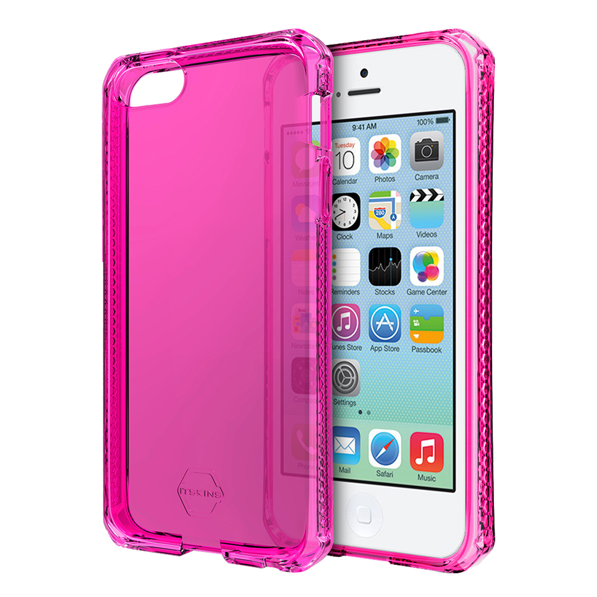 Telefono rosa con custodia rosa. Il telefono è nella custodia, che è trasparente.