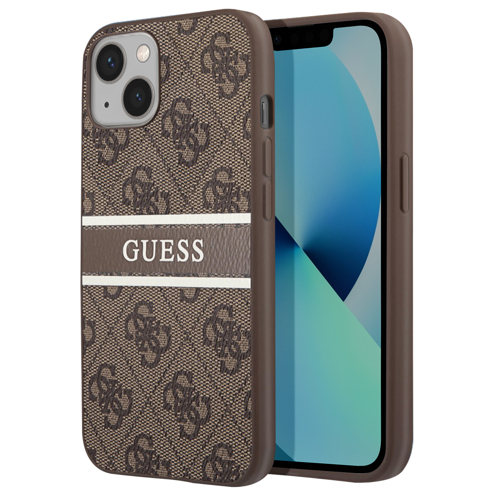 Custodia marrone per telefono con logo Guess e striscia bianca al centro.