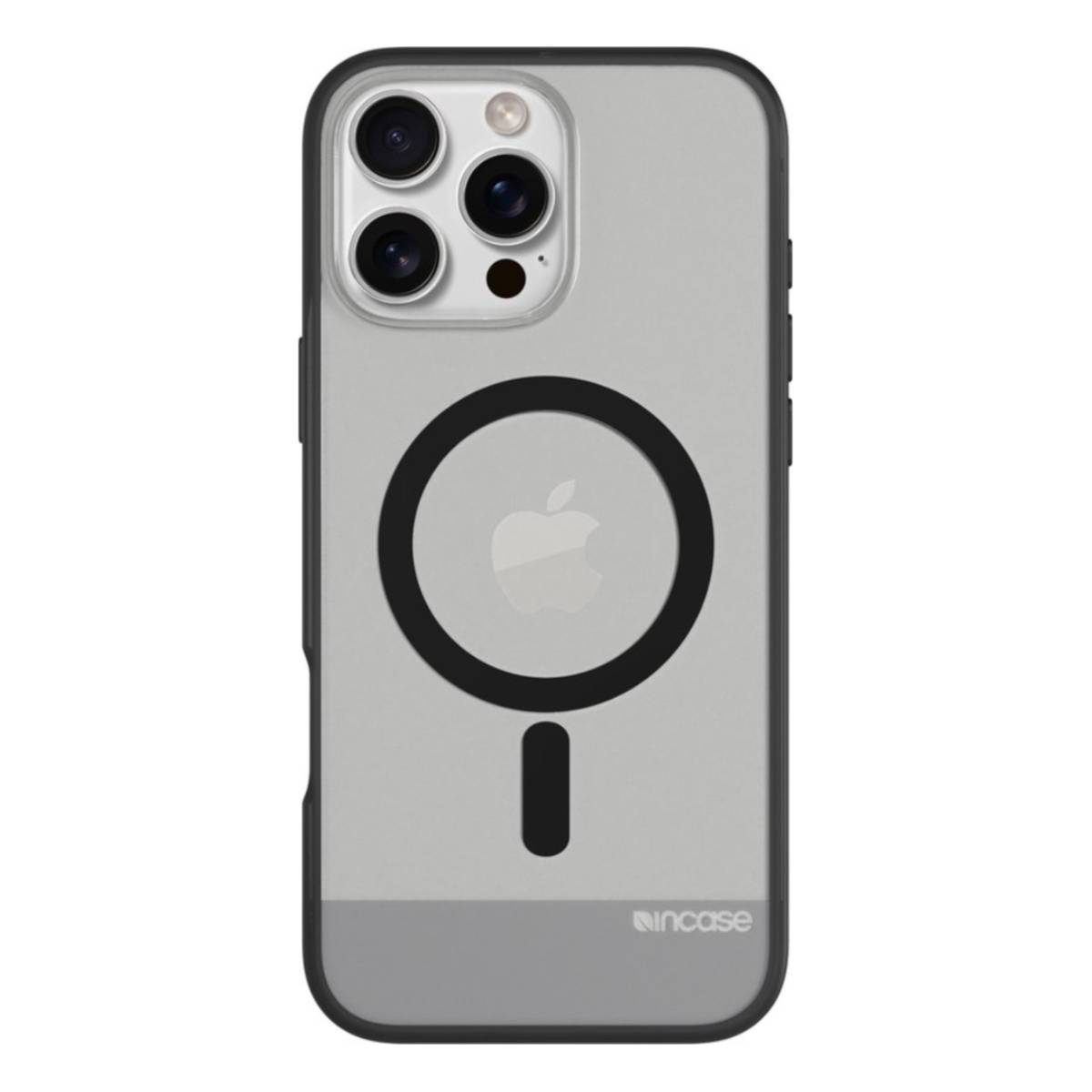 Custodia per telefono con logo Apple. Cerchio nero con logo Apple. Retro grigio. Bordo nero.