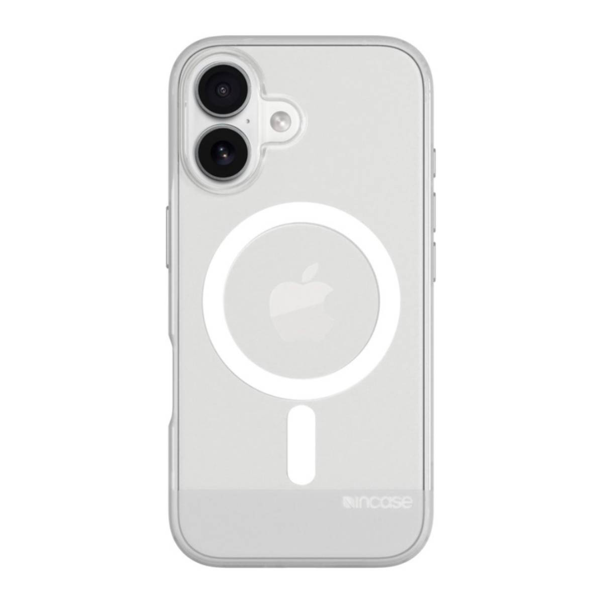Custodia trasparente con cerchio MagSafe bianco e logo Apple. Sfondo bianco.