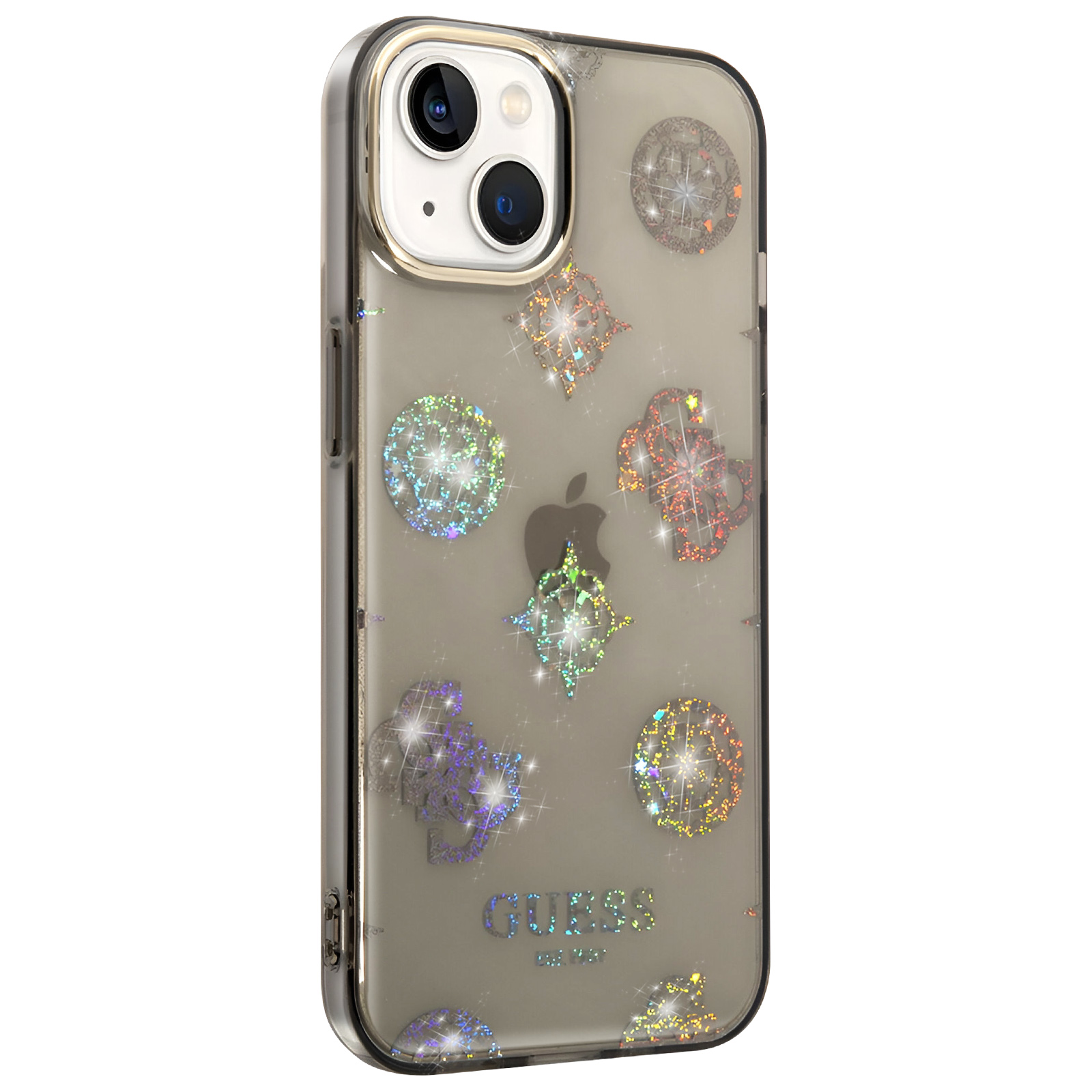 Custodia trasparente con forme glitterate e la scritta "GUESS", anello fotocamera dorato.
