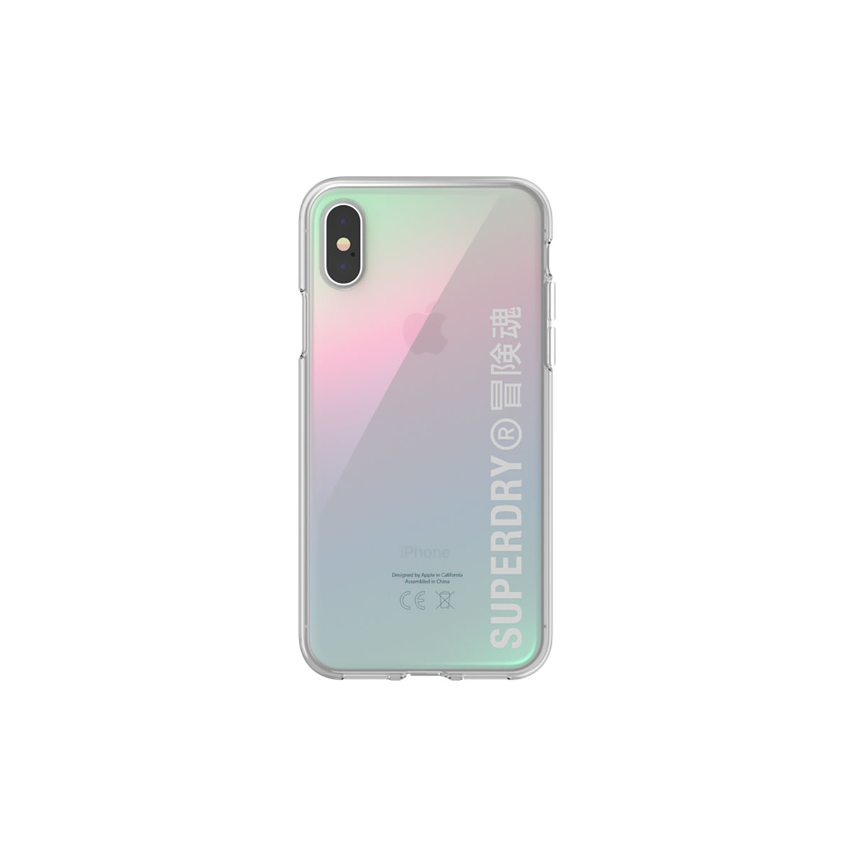 Una custodia trasparente con gradiente rosa, viola e verde, con logo Superdry.