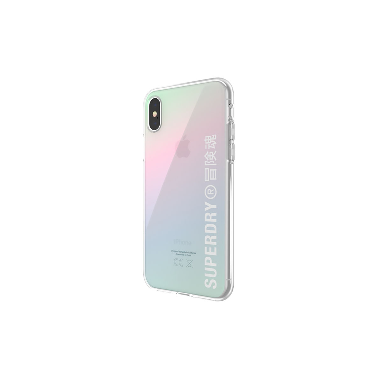 Un iPhone con custodia Superdry. La custodia è trasparente con sfumatura e il marchio Superdry.
