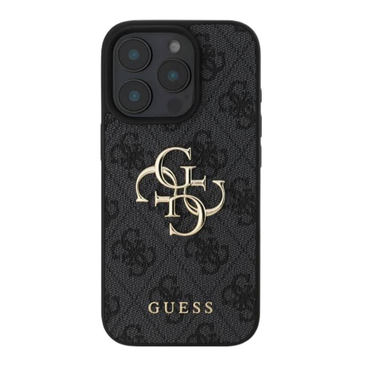 Schwarze Handyhülle mit goldenem Guess-Logo.