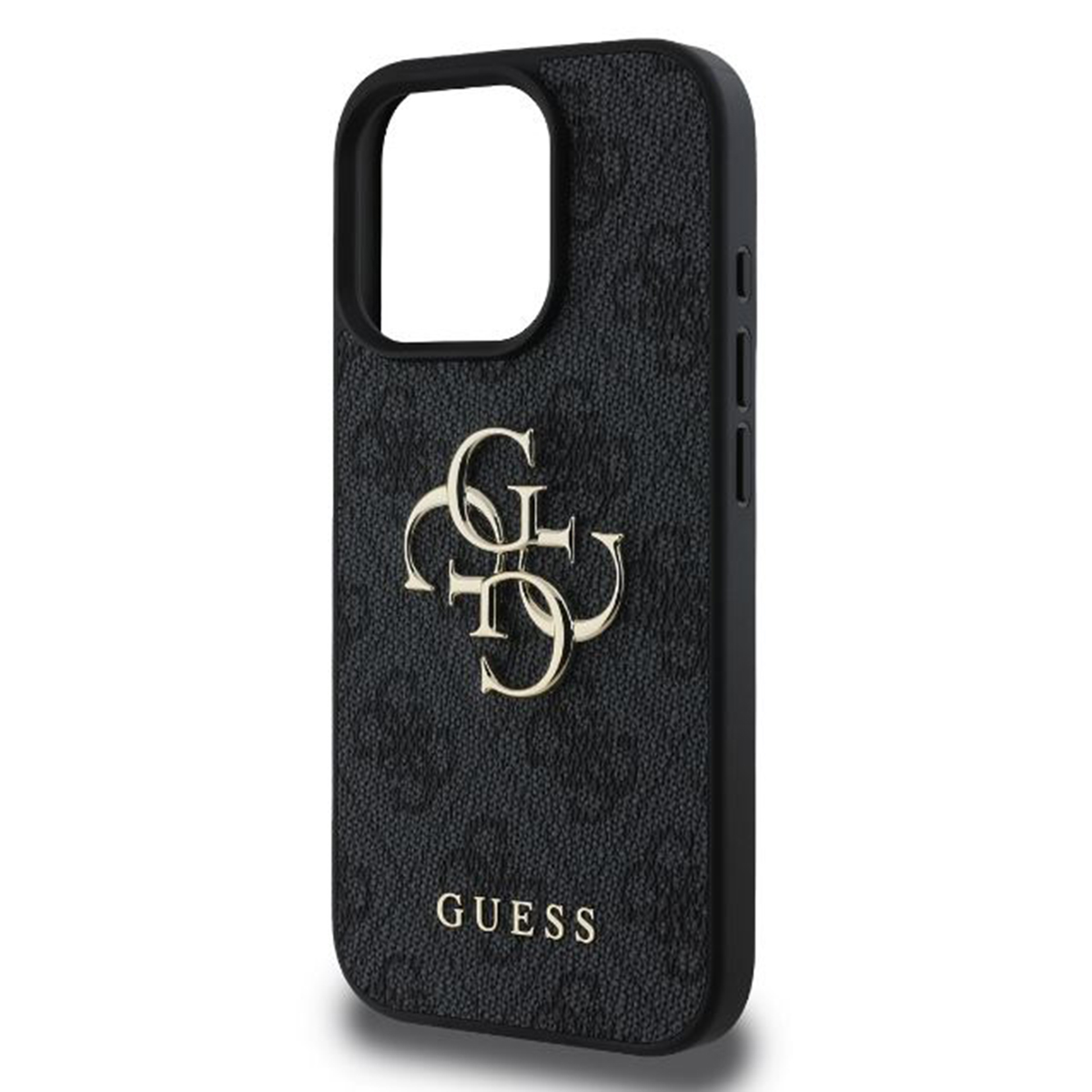 Schwarze Handyhülle mit goldenem Guess-Logo. Die Hülle befindet sich auf weißem Hintergrund.