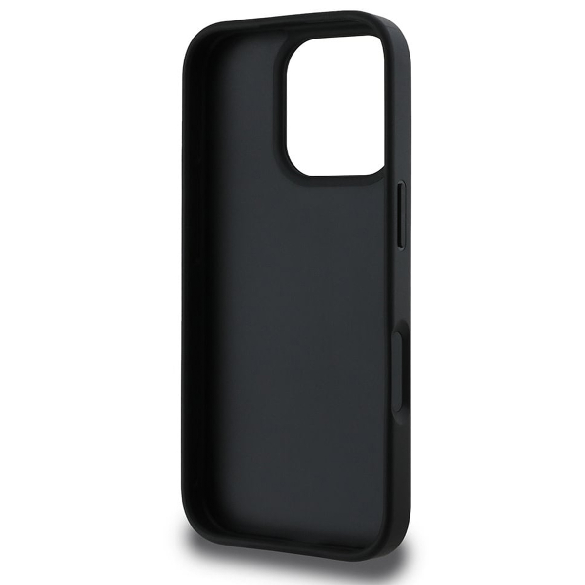 Eine schwarze Handyhülle, Innenansicht. Die Hülle ist glatt und passt sich dem Telefon eng an.