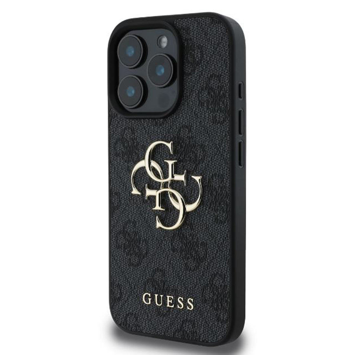 Schwarze Handyhülle mit goldenem Guess-Logo und Muster. Schwarzer Hintergrund.