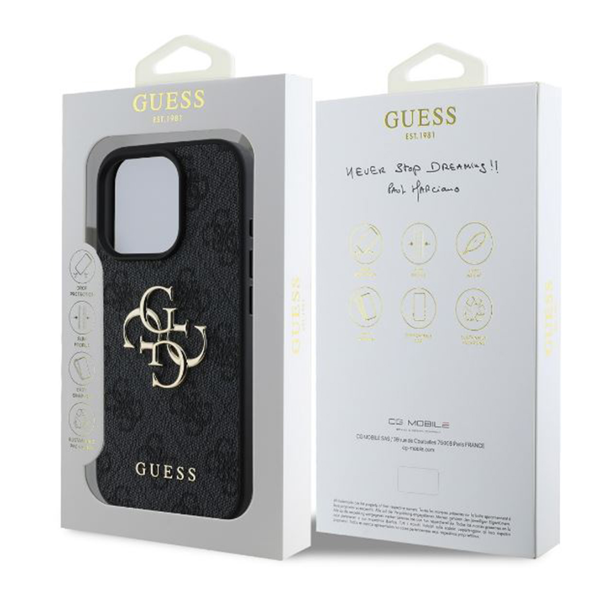 Handyhülle in einer Box, schwarze Hülle mit goldenem Guess-Logo. Die Box hat Text und eine Unterschrift.