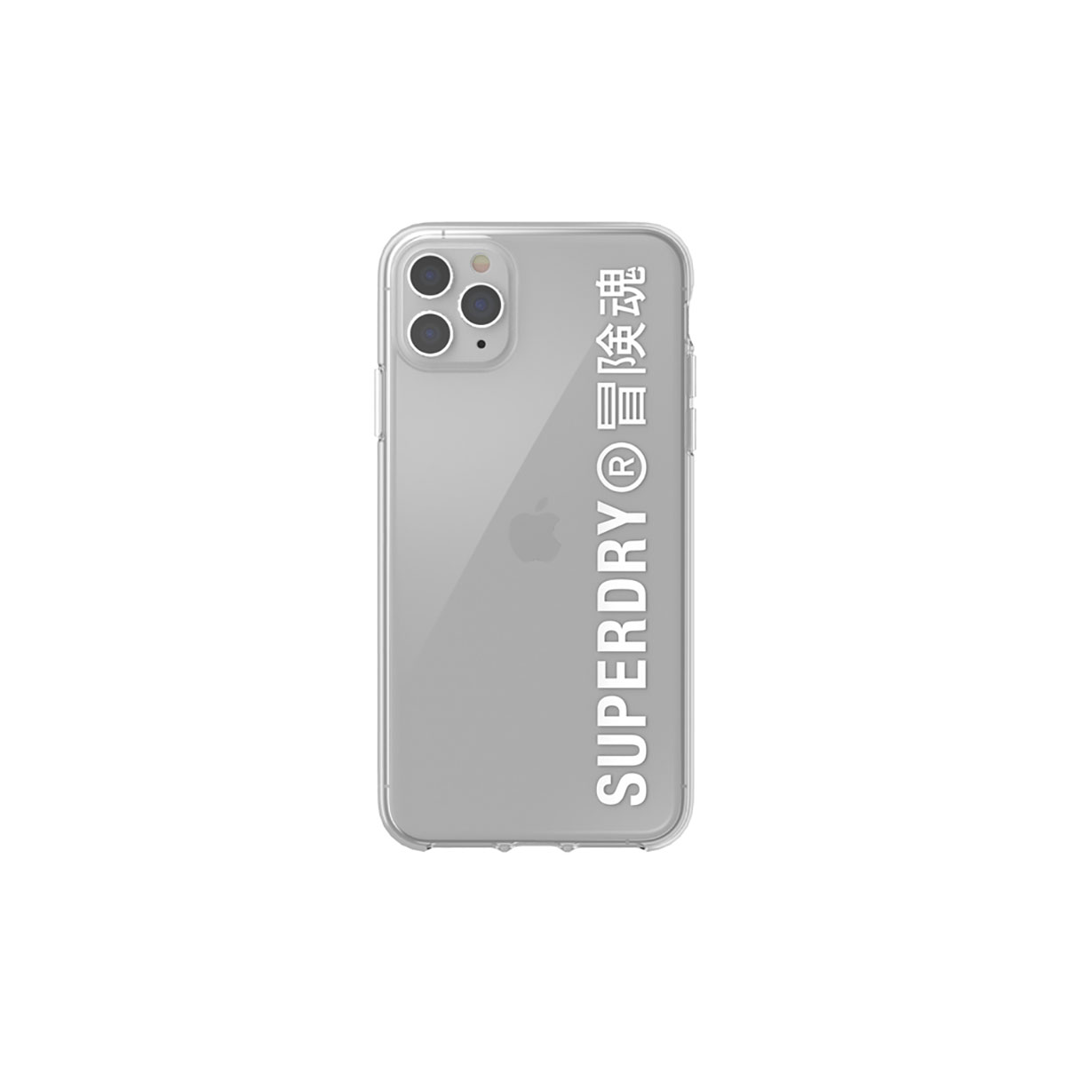 Custodia trasparente con logo Superdry e testo giapponese. Sfondo bianco.