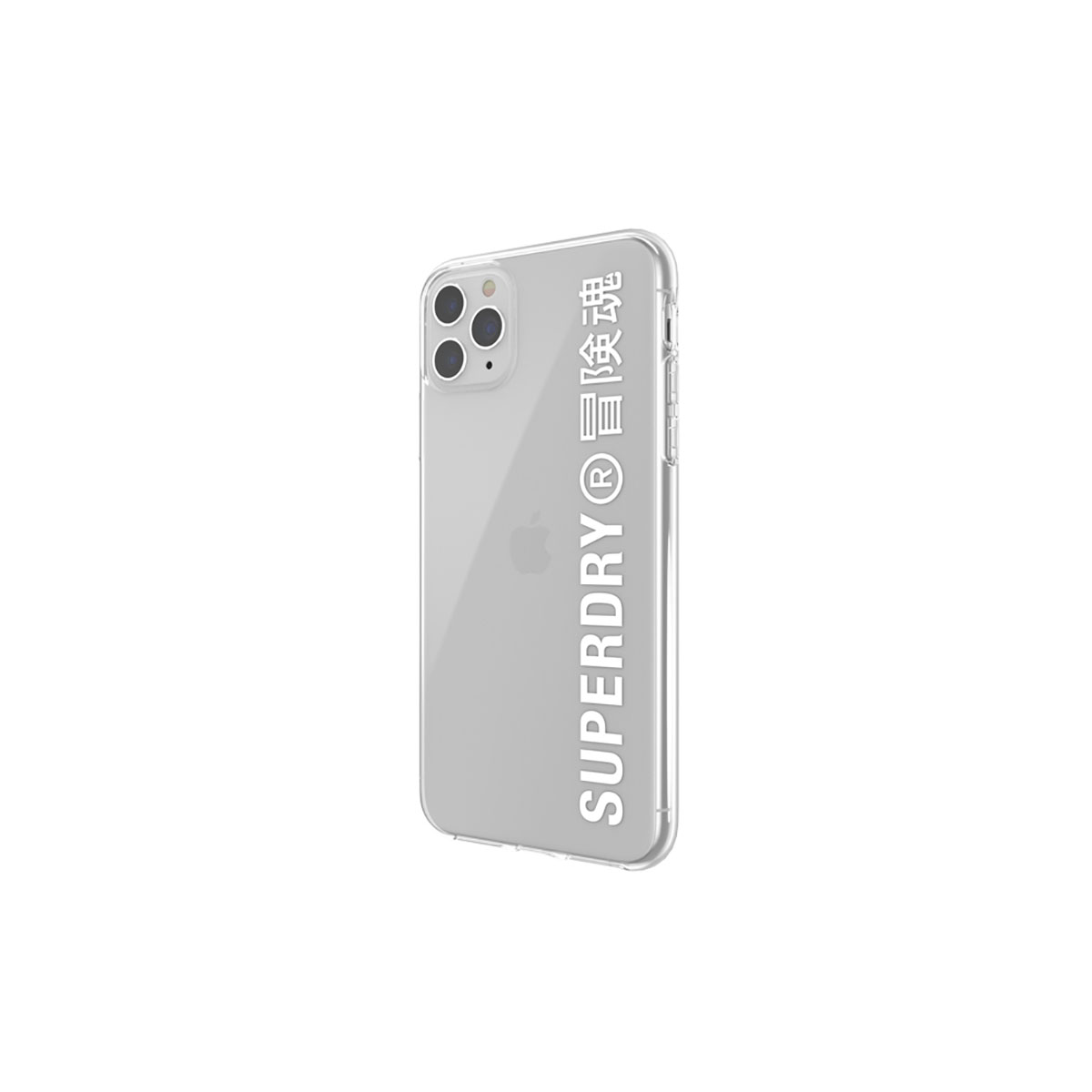 Custodia trasparente con logo Superdry bianco e caratteri cinesi.