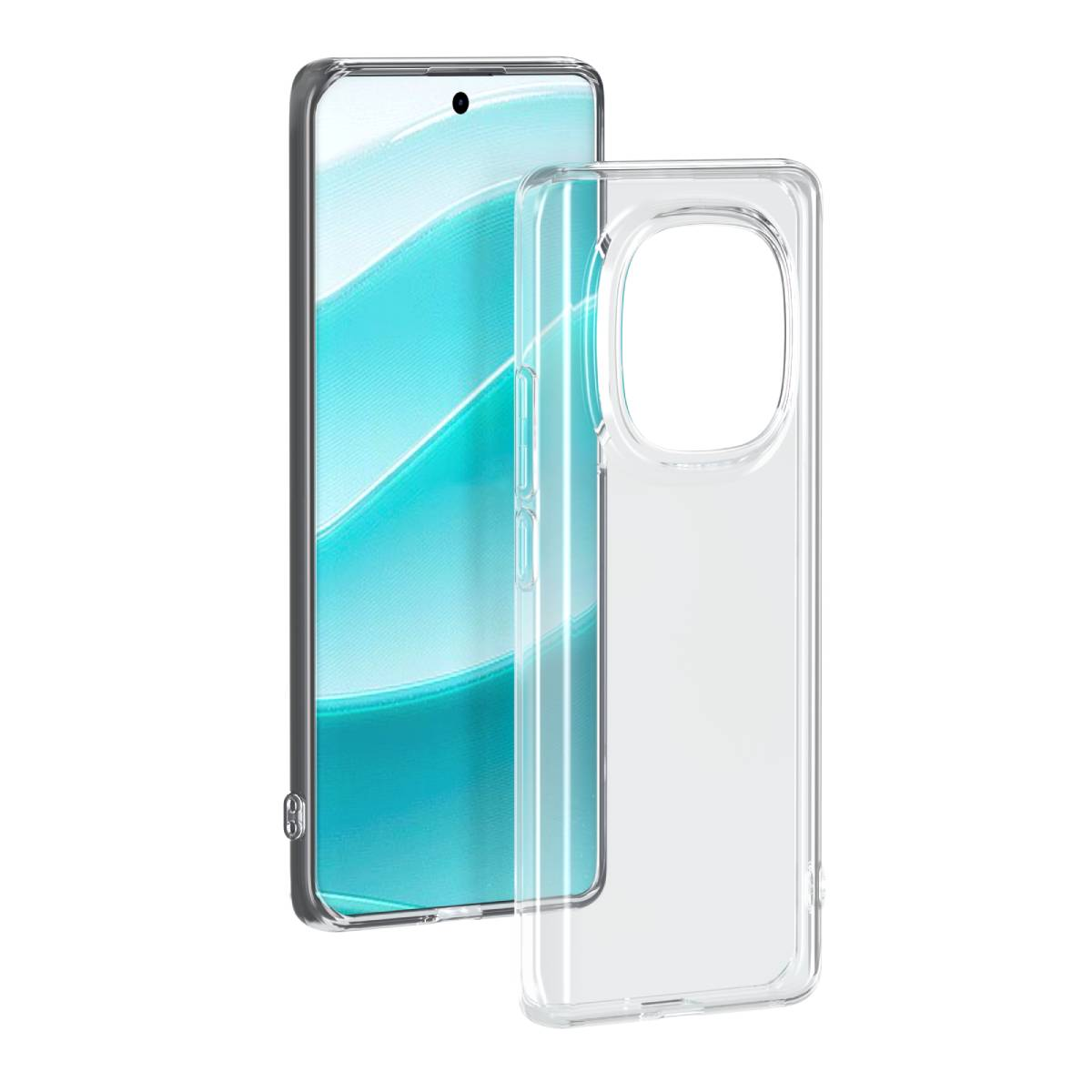 Custodia trasparente per telefono accanto a uno smartphone. La custodia è vuota.