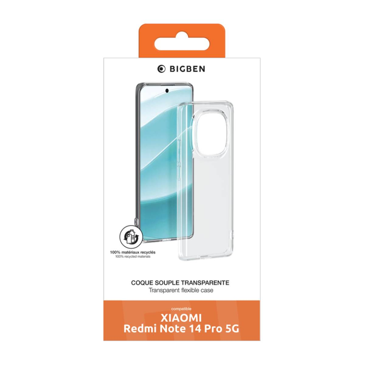 Un telefono e una custodia trasparente in una scatola, con testo in francese, compatibile con Xiaomi Redmi Note 14 Pro 5G.