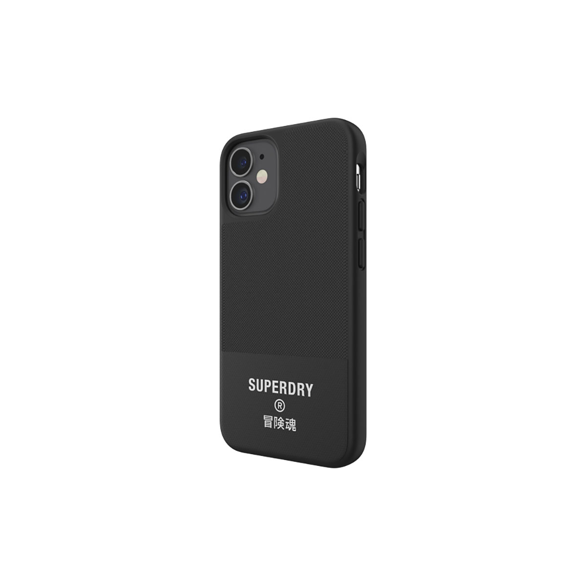 Una custodia per telefono con il marchio SUPERDRY. La custodia è nera e ha un fondo strutturato.