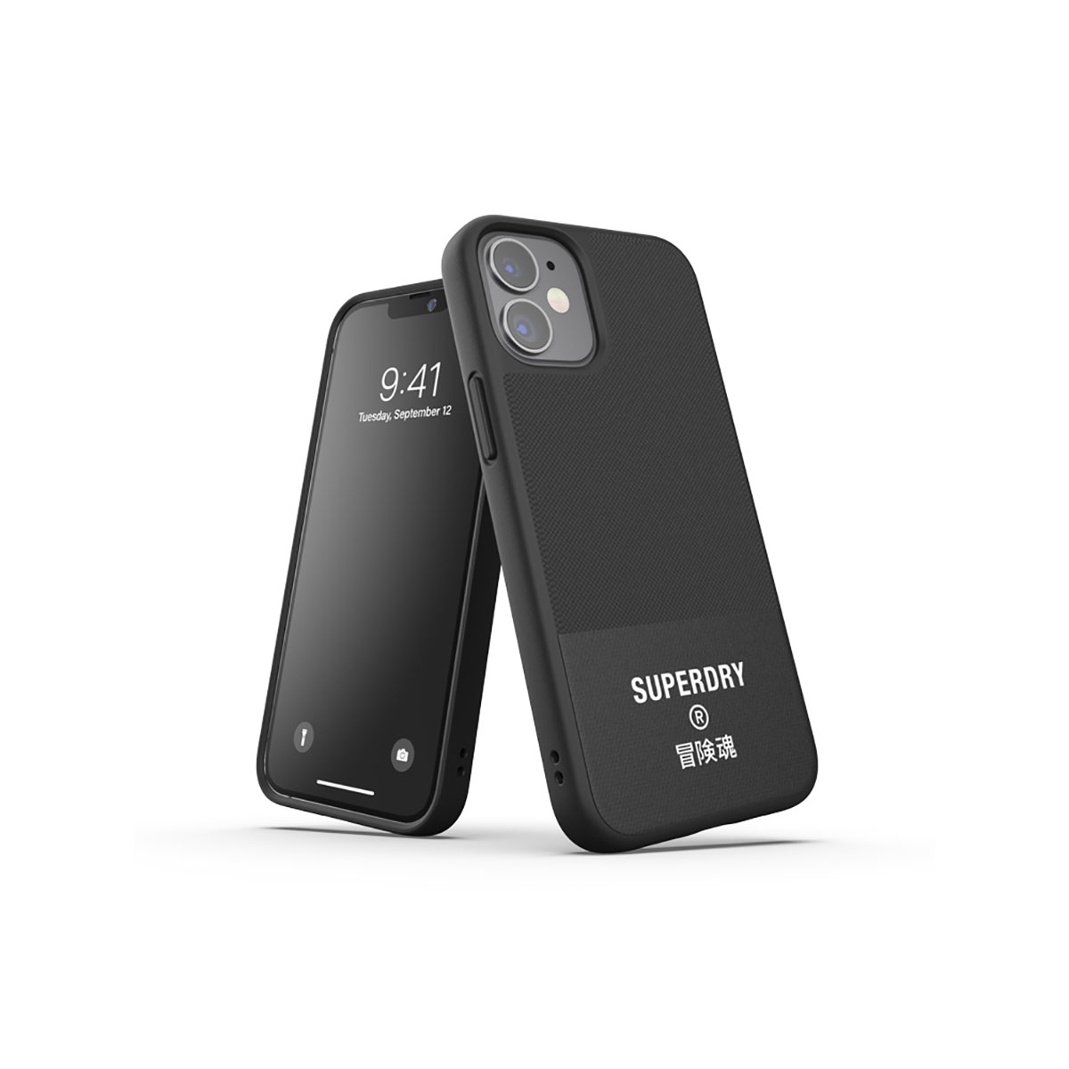 Due telefoni, uno con custodia Superdry nera, l'altro con schermo nero.