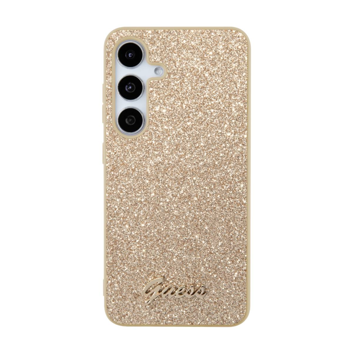 Custodia dorata con glitter e fotocamera. Logo Guess in basso. Sfondo bianco.