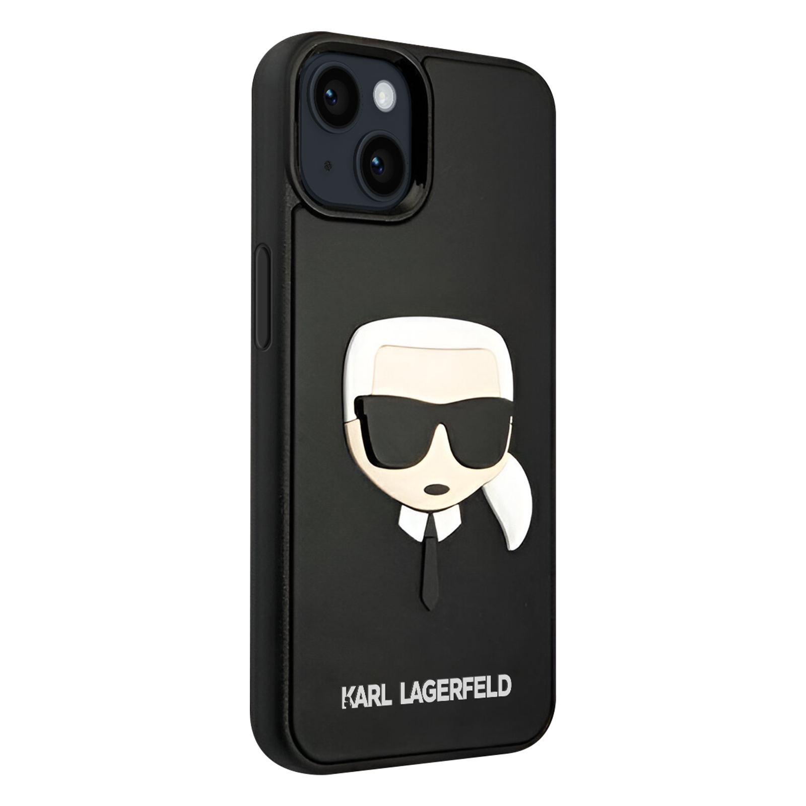 Custodia nera con grafica Karl Lagerfeld. Sfondo bianco.