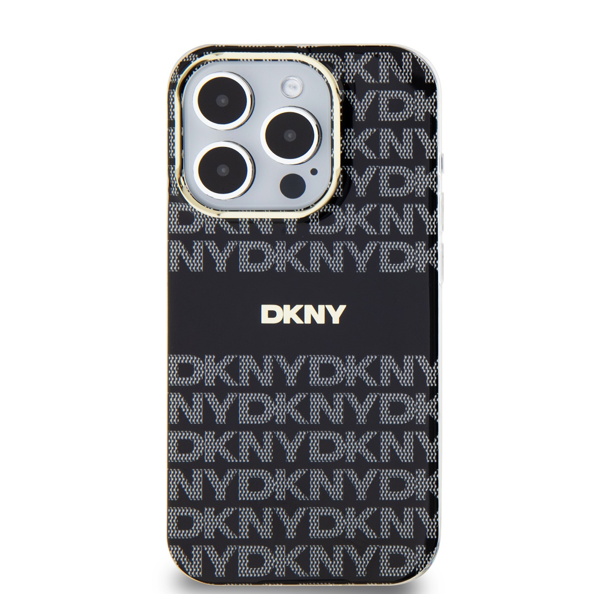 iPhone in una custodia DKNY. La custodia è nera con il motivo del logo DKNY.